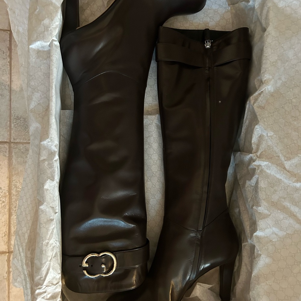Gucci Brown Heeled Boots with GG Silver Buckle Accents *NEVER WORN*